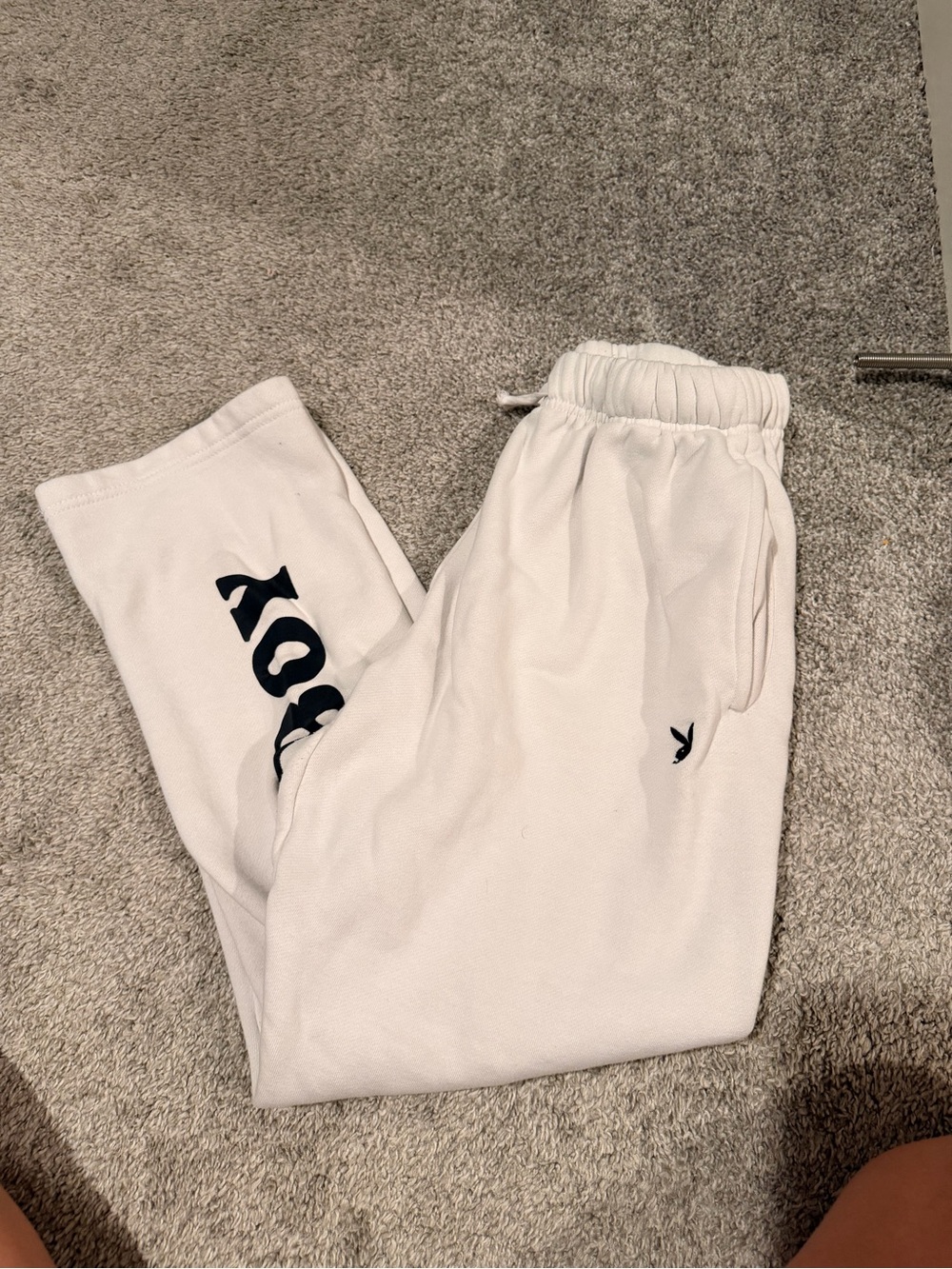 PLAYBOY White Sweatpants with Navy Logo & Side Script